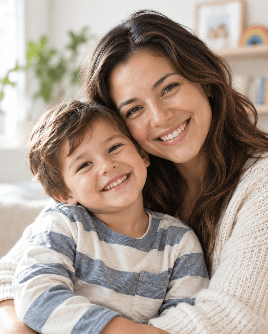 A mother and her young son smiling cheek to cheek, both in a cozy living room